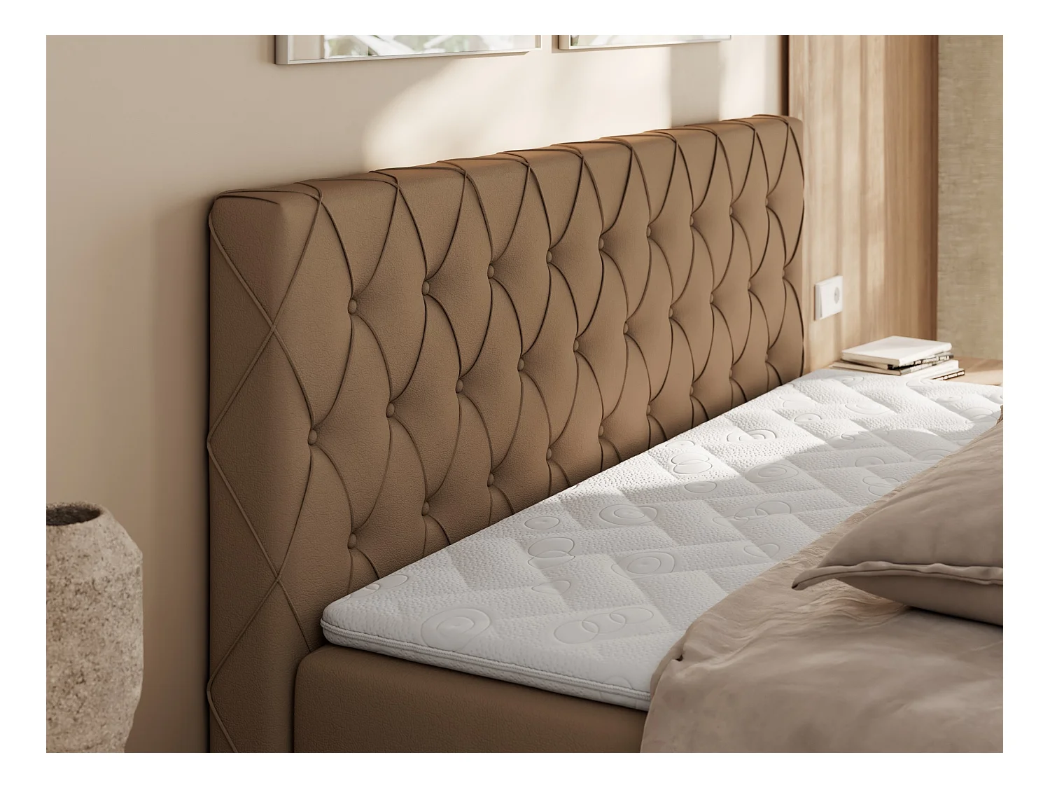 Boxspringbett MIREN DUO - mit gestepptem Kopfteil und Front, Multipocket-Matratze, zwei Bettkästen - 120x200 cm - H4 - Braun Kunstleder