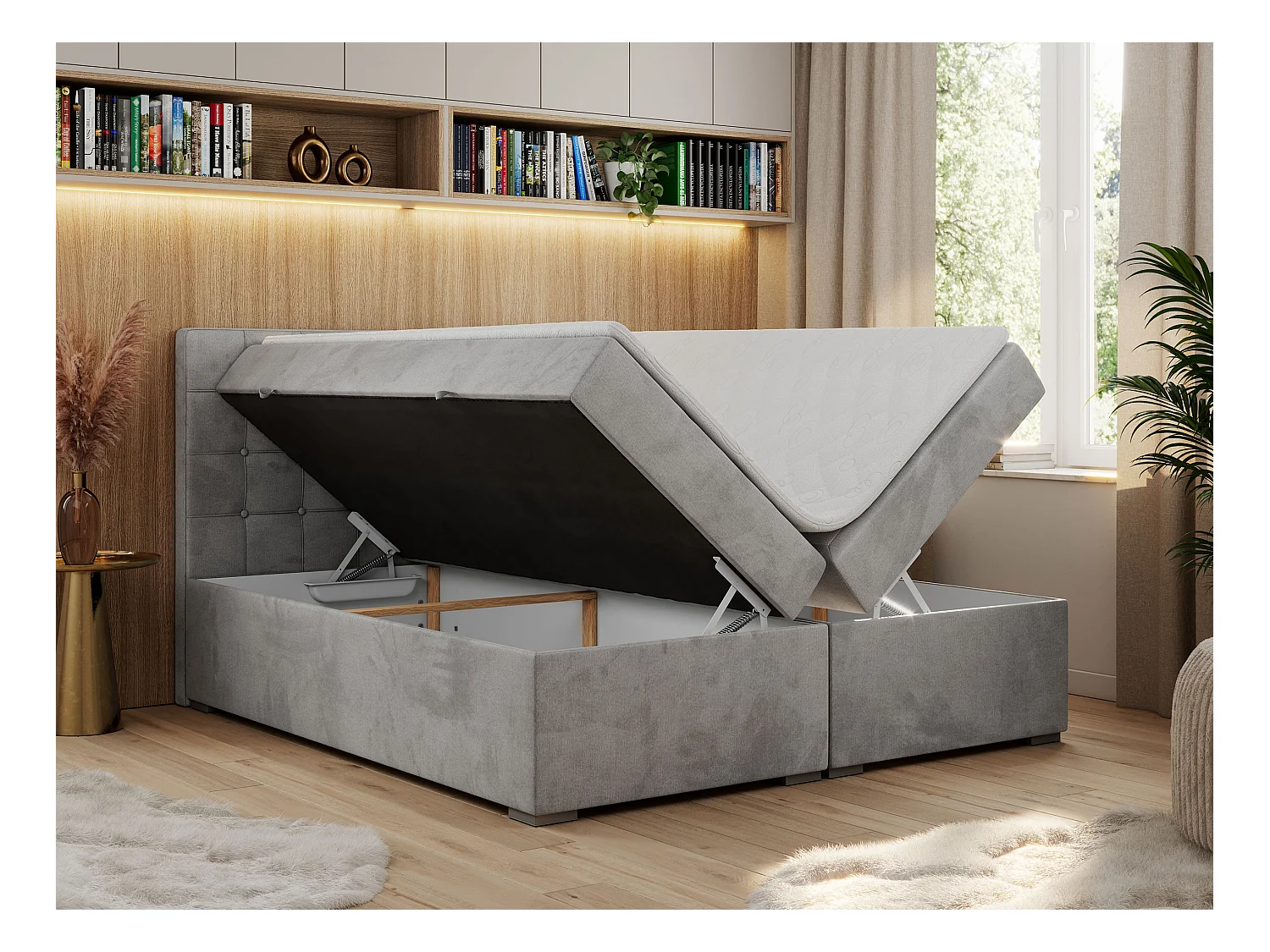 Boxspringbett CARMEN - Polsterbett mit zwei Bettkästen, gesteppte Kopfstütze, Multipocket-Matratze - 200x200 cm - H4 - Hellgrau Velvet