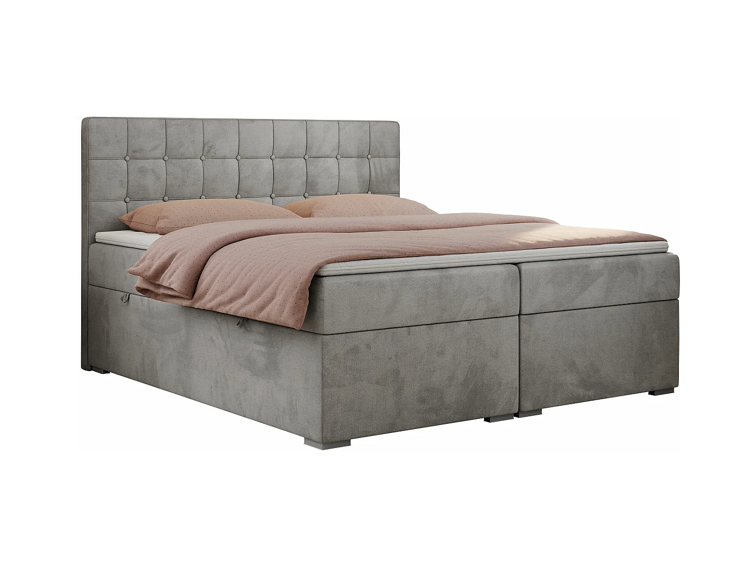 Boxspringbett CARMEN - Polsterbett mit zwei Bettkästen, gesteppte Kopfstütze, Multipocket-Matratze - 200x200 cm - H4 - Hellgrau Velvet