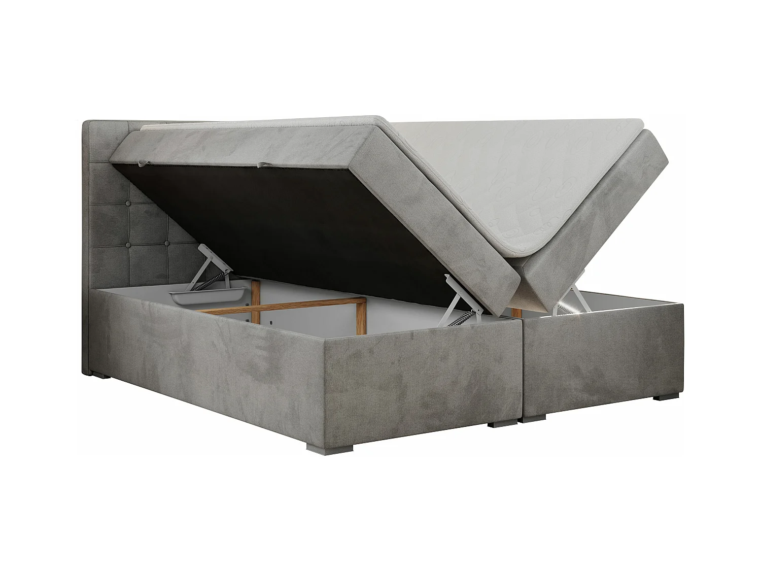Boxspringbett CARMEN - Polsterbett mit zwei Bettkästen, gesteppte Kopfstütze, Multipocket-Matratze - 200x200 cm - H4 - Hellgrau Velvet