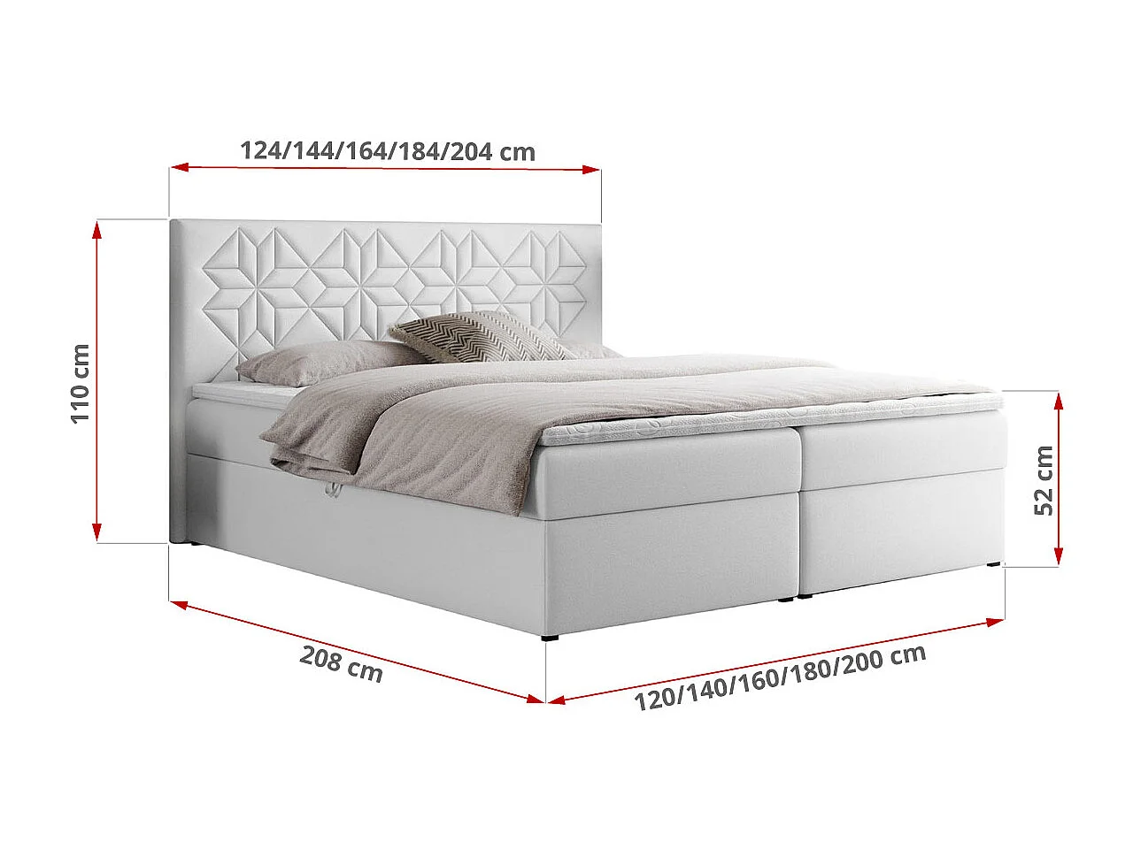 Boxspringbett LEILA - gestepptes Kopfteil,  7 Härtezonen Multipocket-Matratzen, Doppelbett mit Bettkästen - 160x200 cm - H4 - Weiß Kunstleder