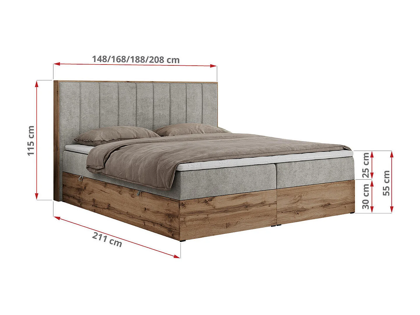 Boxspringbett BELLISSIMO - mit gestepptem Kopfteil, Polsterbett mit zwei Bettkästen, Multipocket-Matratze - 140x200 cm - H3 - Hellgrau Strukture