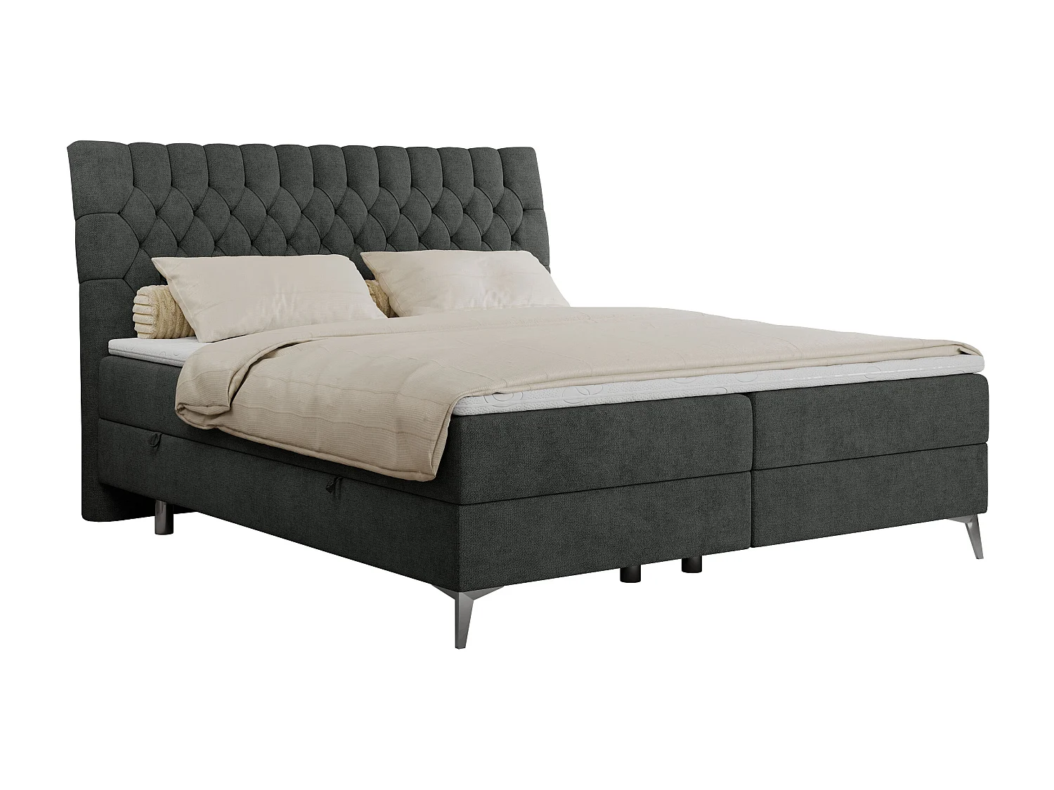 Boxspringbett MILEN - gepolstertes Schlafzimmerbett, zwei Multipocket-Matratze, dekorative hohe Beine - 160x200 cm - H3 - Dunkelgrau Strukture