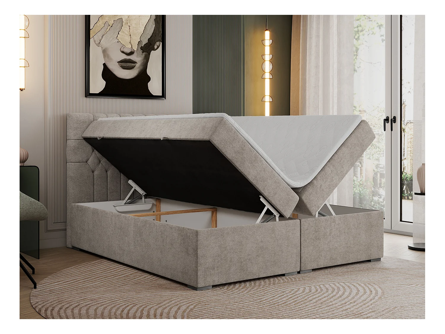 Boxspringbett PERA - gesteppte Kopfstütze, Multipocket-Matratze und Topper, Doppelbett mit Stauraum - 180x200 cm - H3 - Beige Strukture