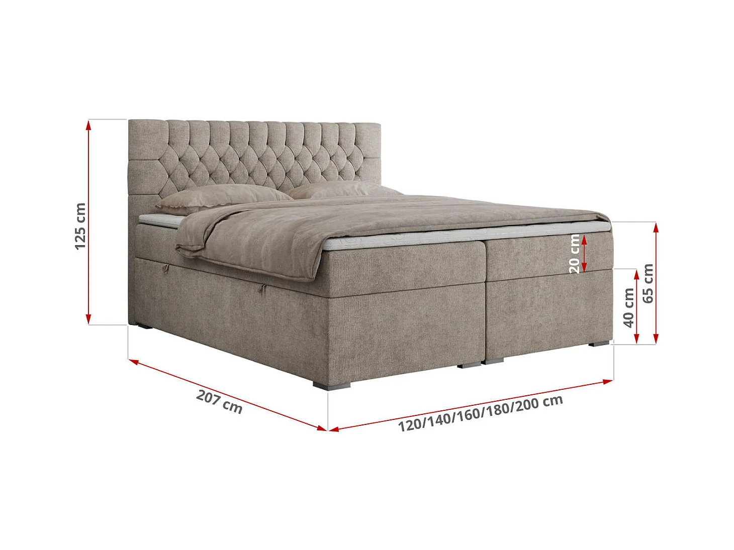 Boxspringbett PERA - gesteppte Kopfstütze, Multipocket-Matratze und Topper, Doppelbett mit Stauraum - 180x200 cm - H3 - Beige Strukture