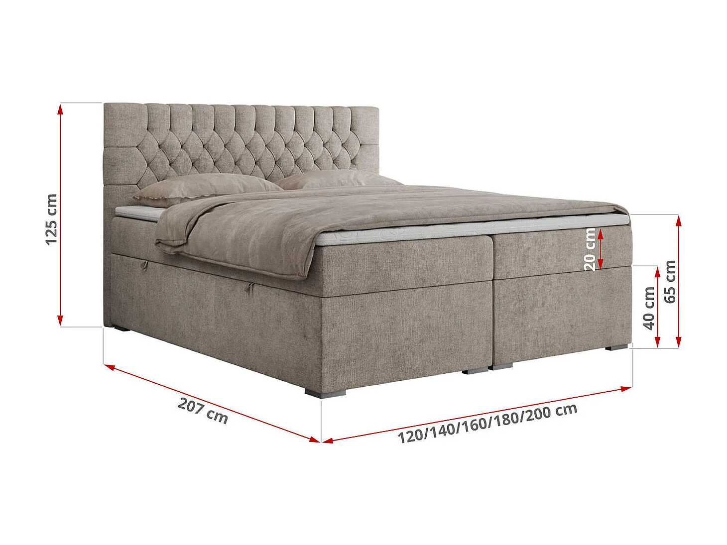 Boxspringbett PERA - gesteppte Kopfstütze, Multipocket-Matratze und Topper, Doppelbett mit Stauraum - 180x200 cm - H3 - Beige Strukture