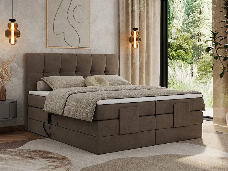 Boxspringbett VITTORIA - mit gestepptem Kopfteil, elektrischem Untergestell, Multipocket-Matratze - 160x200 cm - H4 - Braun Velvet
