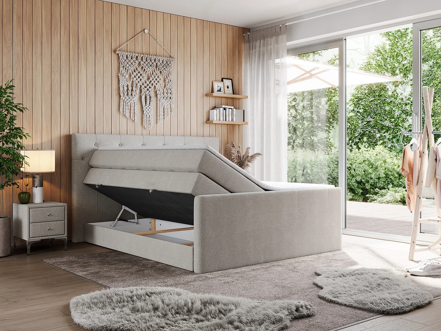 Boxspringbett VELEN KING - Doppelbett mit gestepptem Kopfteil, zwei Multipocket-Matratzen, Polsterbett mit Kopfstütze - 160x200 cm - H3 - Beige Strukture