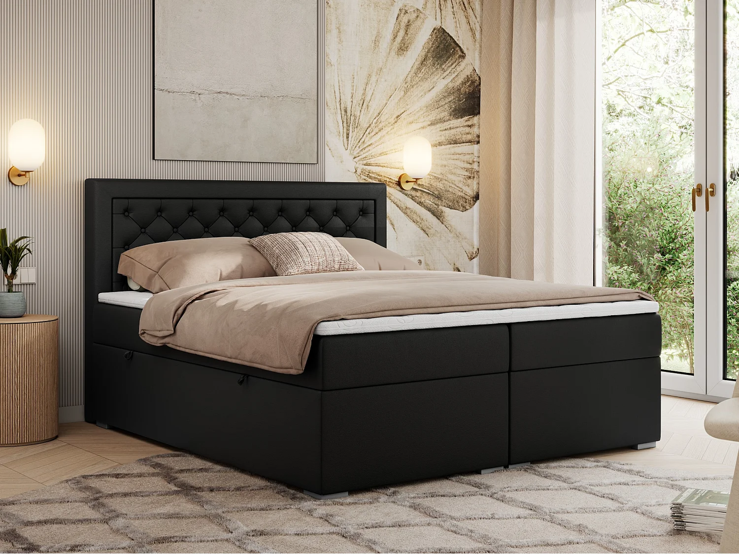 Boxspringbett JASIR - mit gestepptem Kopfteil, Doppelbett für Schlafzimmer, Multipocket-Matratze, Stauraum - 180x200 cm - H4 - Schwarz Kunstleder