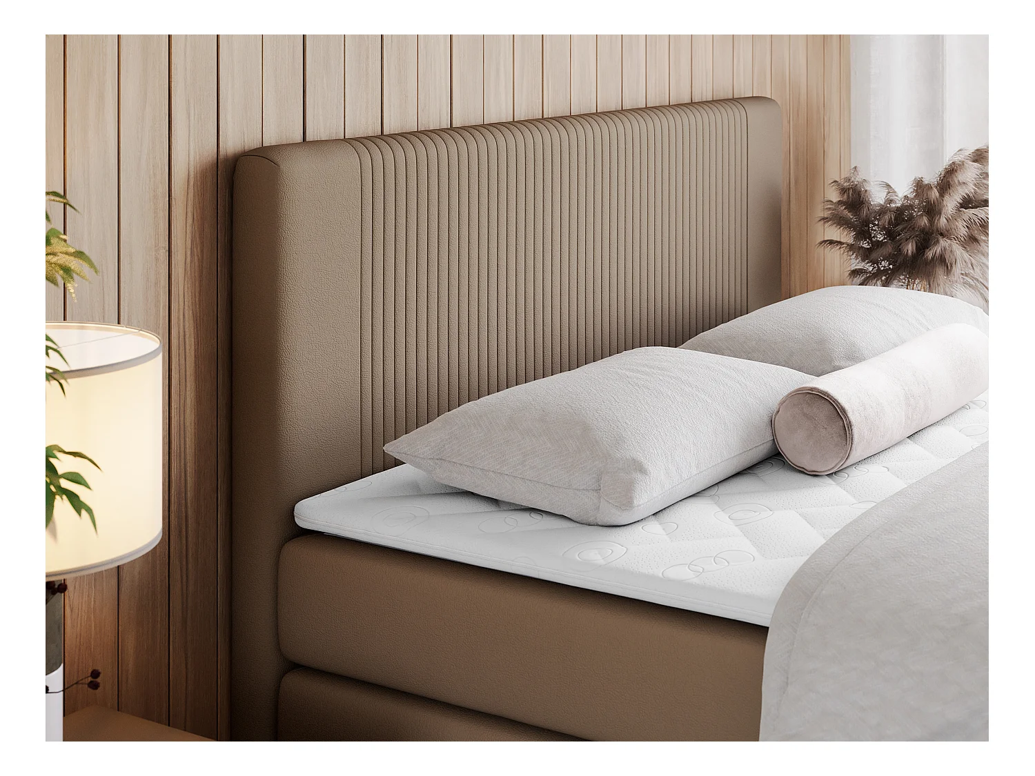 Boxspringbett DOREN KING - mit gesteppter Front und Kopfteil, zwei Multipocket-Matratzen und Topper, Doppelbett - 120x200 cm - H3 - Braun Kunstleder