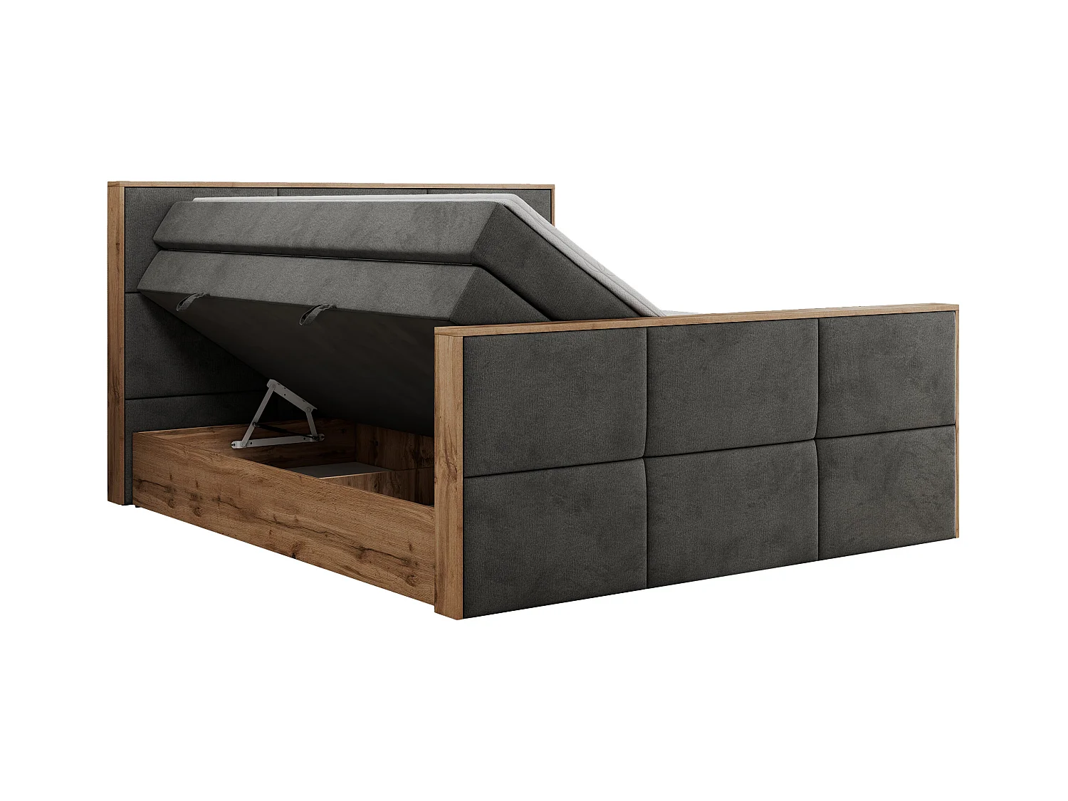 Boxspringbett ALBERO 2 KING DUO - Eiche Wotan Holzrahmen, zwei Multipocket-Matratzen, Bettkästen - 180x200 cm - H4 - Dunkelgrau Velvet