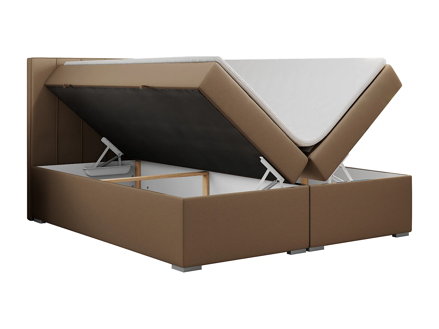 Boxspringbett ALLY - gestreiftes, genähtes Kopfteil, zwei Bettkästen, Multipocket-Matratzen, Praktisch Polsterbett - 140x200 cm - H3 - Braun Kunstleder