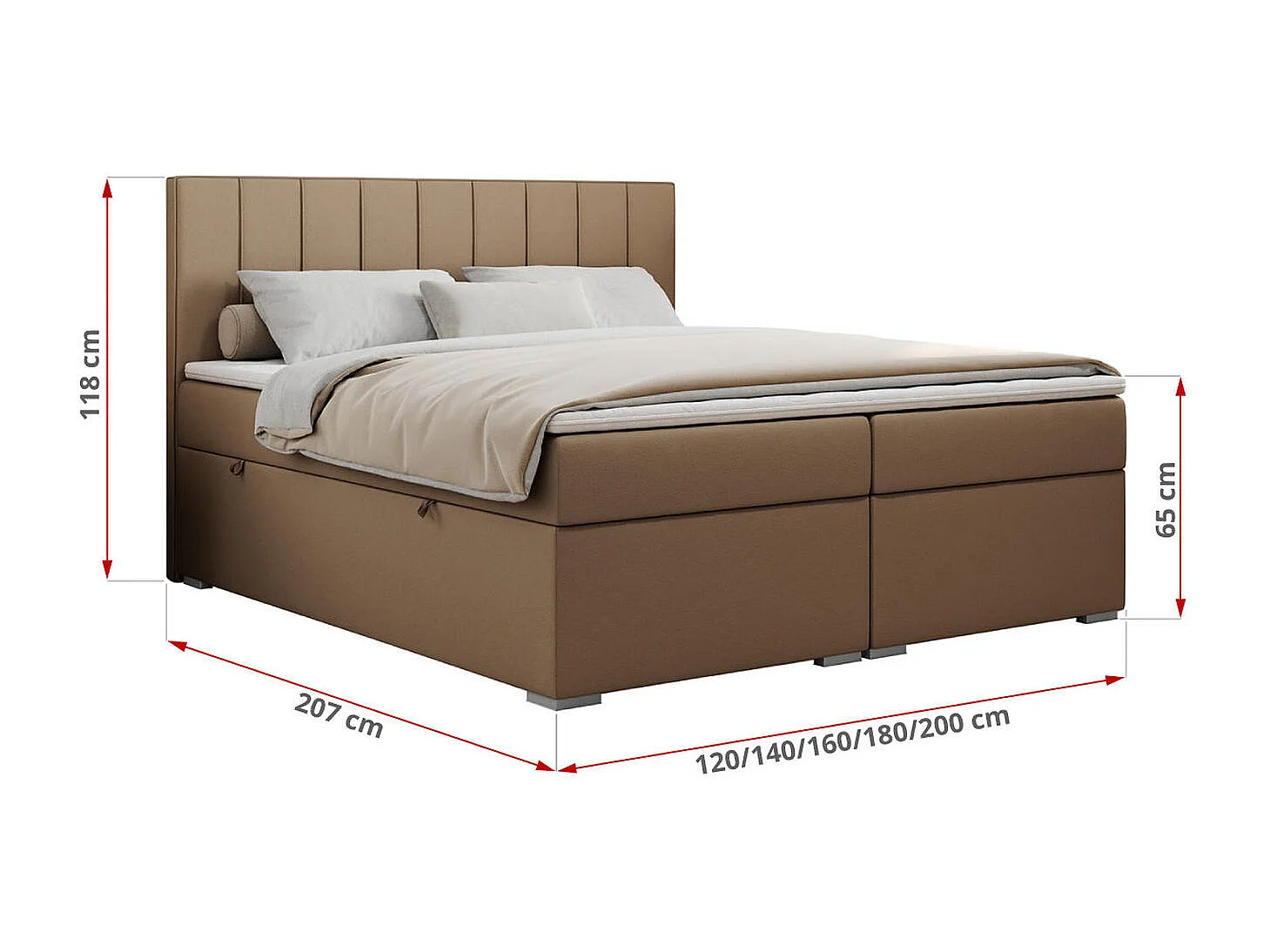 Boxspringbett ALLY - gestreiftes, genähtes Kopfteil, zwei Bettkästen, Multipocket-Matratzen, Praktisch Polsterbett - 140x200 cm - H3 - Braun Kunstleder