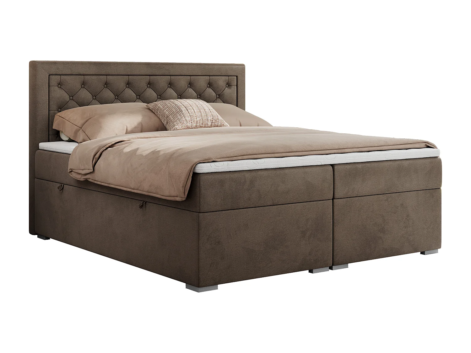 Boxspringbett JASIR - mit gestepptem Kopfteil, Doppelbett für Schlafzimmer, Multipocket-Matratze, Stauraum - 140x200 cm - H3 - Braun Velvet
