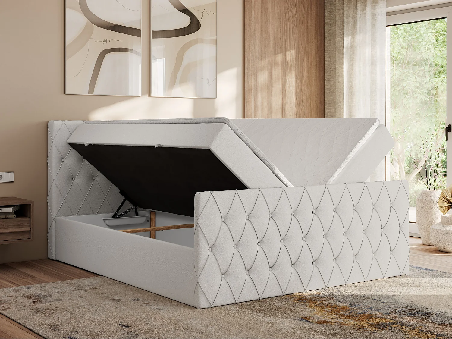 Boxspringbett MIREN DUO - mit gestepptem Kopfteil und Front, Multipocket-Matratze, zwei Bettkästen - 160x200 cm - H3 - Weiß Kunstleder