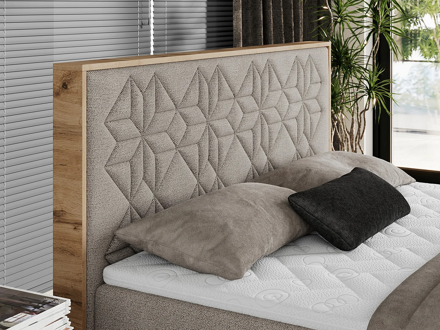 Boxspringbett NESSI - mit hoher Kopfstütze, Multipocket-Matratze und Topper, Doppelbett mit Bettkästen - 160x200 cm - H3 - Beige Strukture