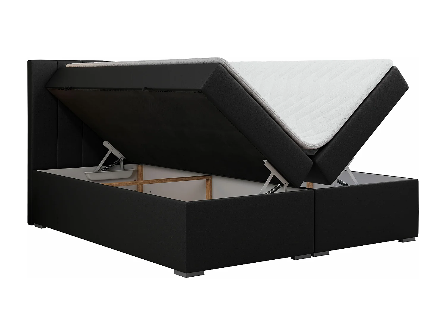 Boxspringbett LOPE - genähtes Kopfteil, Doppelbett mit Stauraum, Multipocket-Matratze, Topper - 120x200 cm - H4 - Schwarz Kunstleder