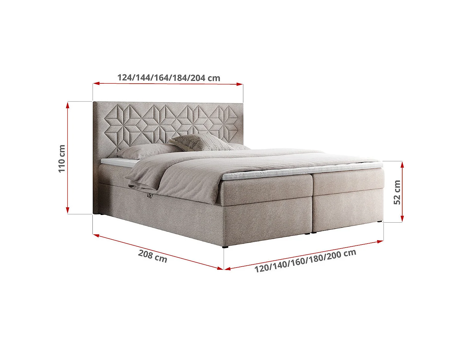 Boxspringbett LEILA - gestepptes Kopfteil,  7 Härtezonen Multipocket-Matratzen, Doppelbett mit Bettkästen - 160x200 cm - H3 - Beige Strukture