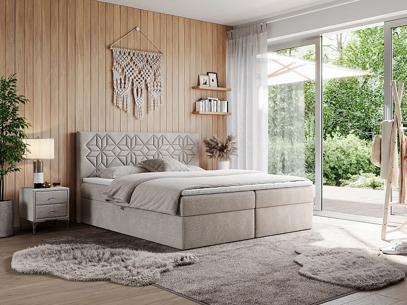 Boxspringbett LEILA - gestepptes Kopfteil,  7 Härtezonen Multipocket-Matratzen, Doppelbett mit Bettkästen - 160x200 cm - H3 - Beige Strukture
