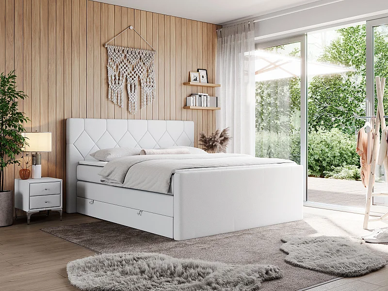 Boxspringbett EIGAR KING - Doppelbett mit genähtem Kopfteil, zwei Multipocket-Matratzen, Polsterbett für Schlafzimmer - 120x200 cm - H4 - Weiß Kunstleder