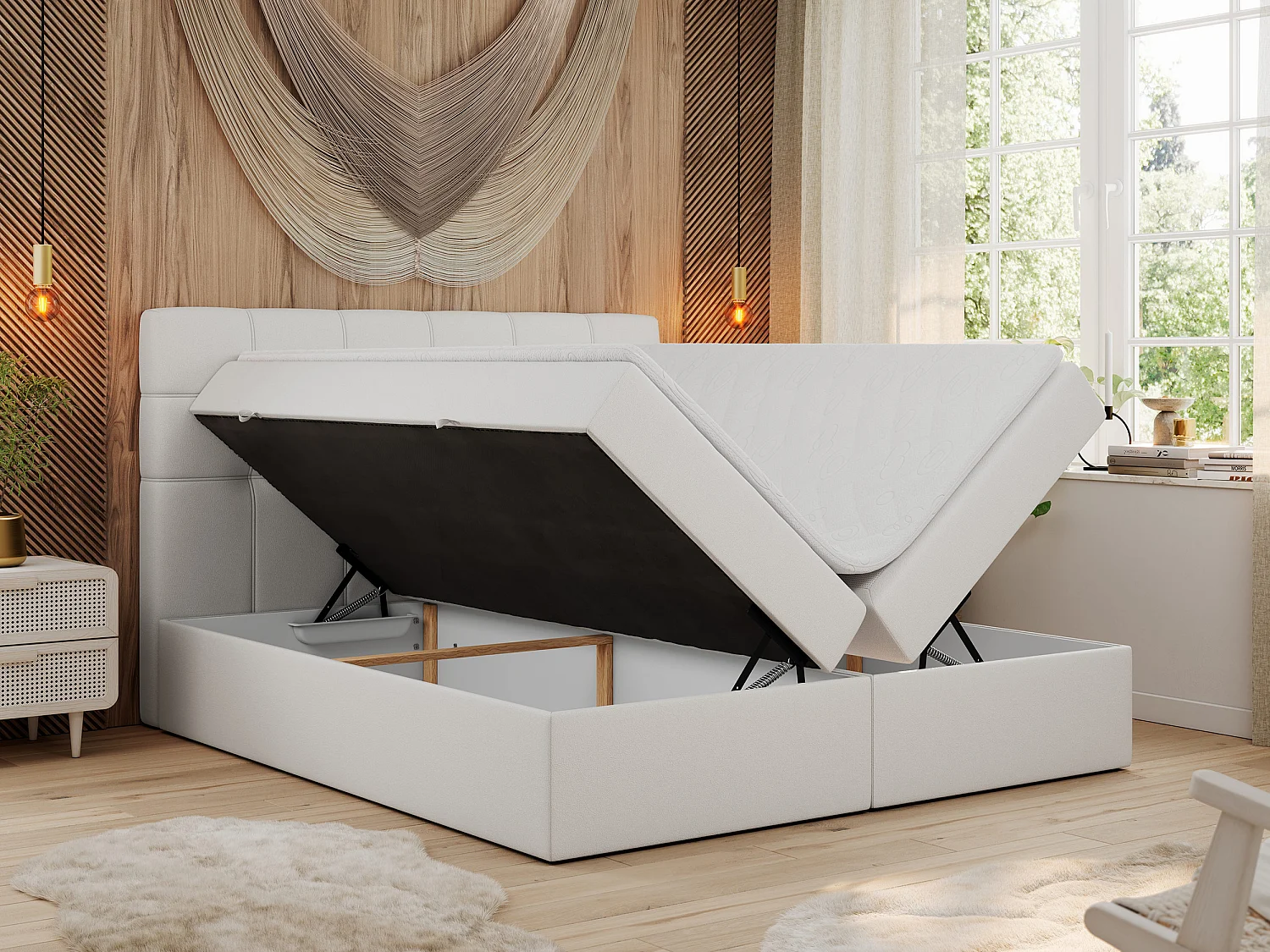 Boxspringbett ERNI - mit gestepptem Kopfteil, Polsterbett, Multipocket-Matratze und Topper, Bettkästen - 120x200 cm - H4 - Weiß Kunstleder