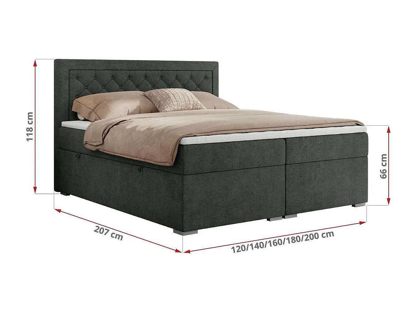 Boxspringbett JASIR - mit gestepptem Kopfteil, Doppelbett für Schlafzimmer, Multipocket-Matratze, Stauraum - 160x200 cm - H3 - Dunkelgrau Strukture