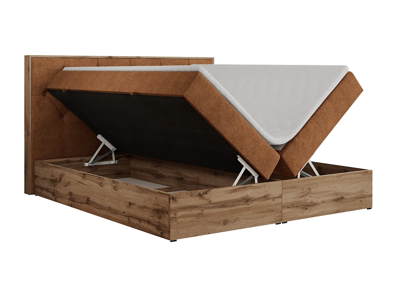 Boxspringbett VENETO - gestepptem Kopfteil, Set mit Multipocket-Matratze und Topper, Holzrahmen, zwei Bettkästen - 160x200 cm - H3 - Orange Strukture