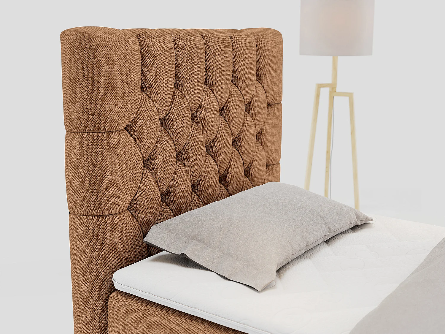 Boxspringbett PERA - Einzelbett mit Kopfstütze, Polsterbett, Multipocket-Matratze, genähtes Kopfteil - 90x200 cm - H3 - Orange Strukture - Links Seite