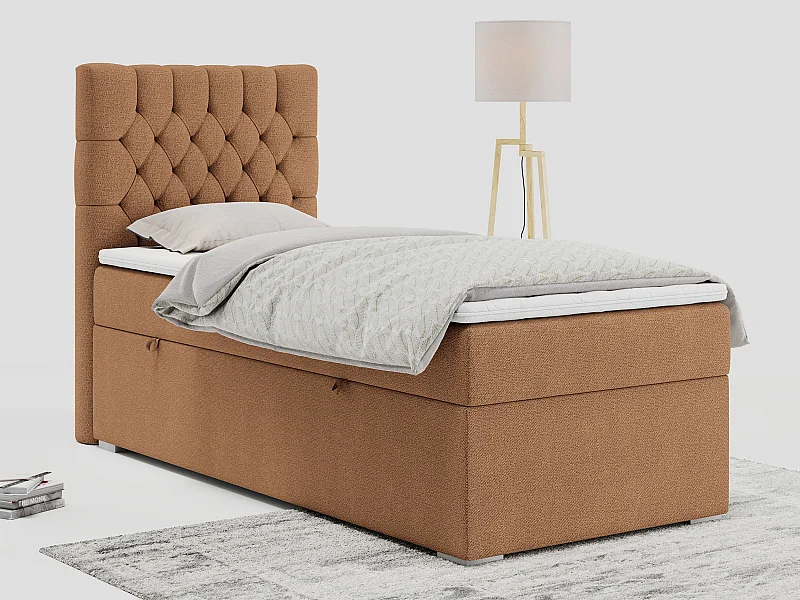 Boxspringbett PERA - Einzelbett mit Kopfstütze, Polsterbett, Multipocket-Matratze, genähtes Kopfteil - 90x200 cm - H3 - Orange Strukture - Links Seite