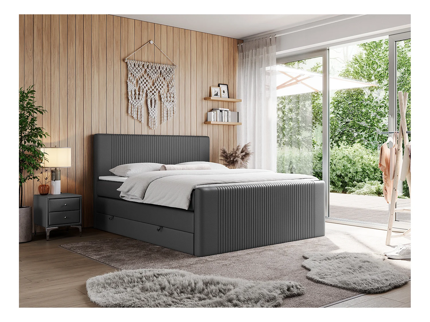 Boxspringbett DOREN KING - mit gesteppter Front und Kopfteil, zwei Multipocket-Matratzen und Topper, Doppelbett - 200x200 cm - H4 - Dunkelgrau Kunstleder
