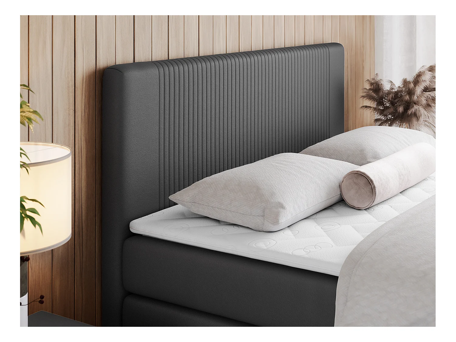 Boxspringbett DOREN KING - mit gesteppter Front und Kopfteil, zwei Multipocket-Matratzen und Topper, Doppelbett - 200x200 cm - H4 - Dunkelgrau Kunstleder