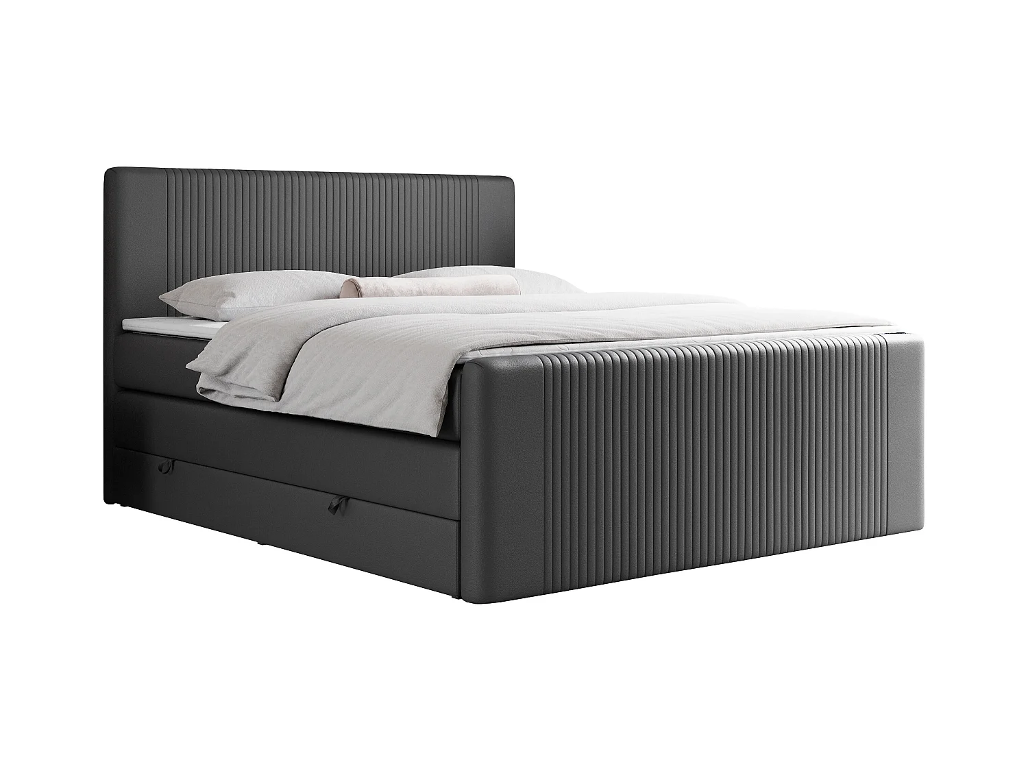 Boxspringbett DOREN KING - mit gesteppter Front und Kopfteil, zwei Multipocket-Matratzen und Topper, Doppelbett - 200x200 cm - H4 - Dunkelgrau Kunstleder