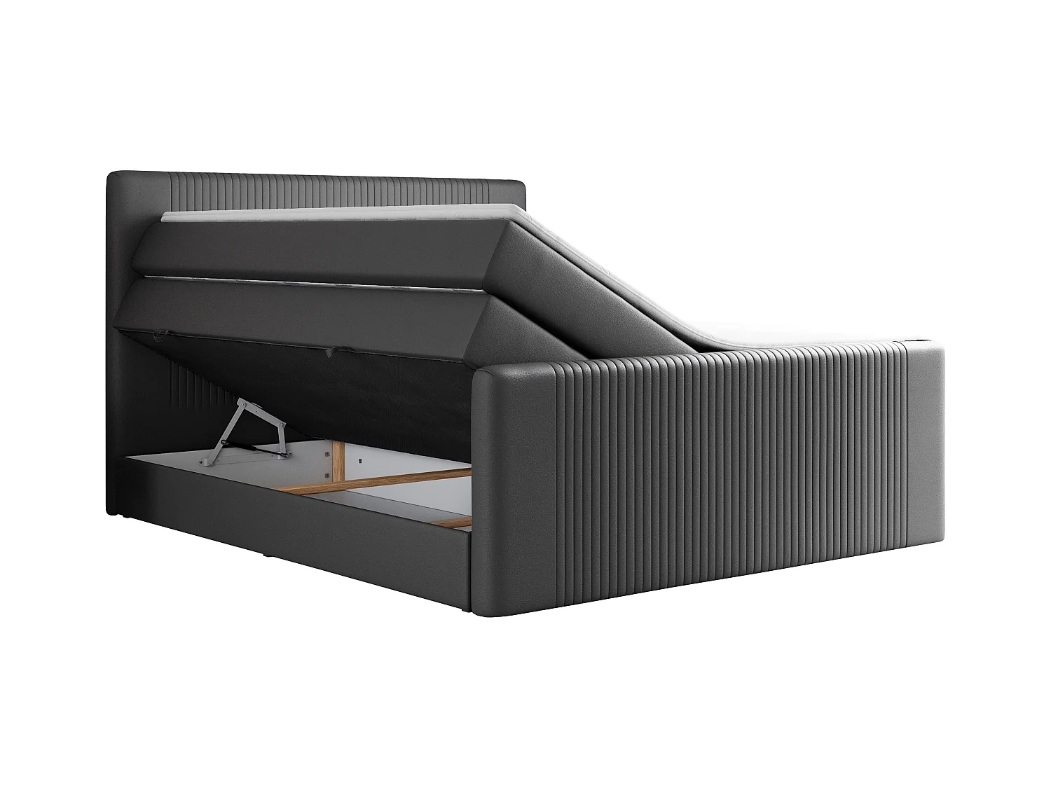 Boxspringbett DOREN KING - mit gesteppter Front und Kopfteil, zwei Multipocket-Matratzen und Topper, Doppelbett - 200x200 cm - H4 - Dunkelgrau Kunstleder
