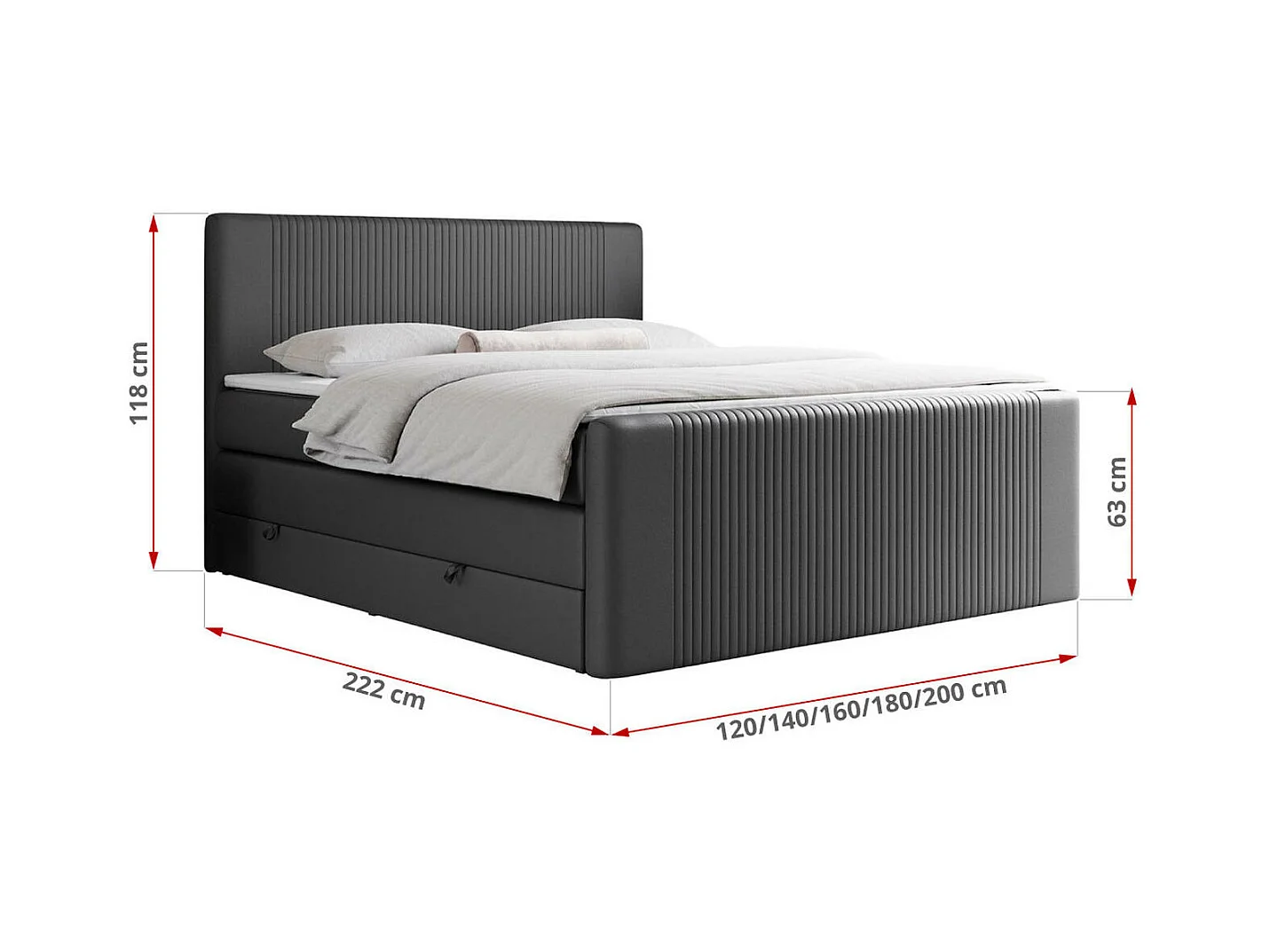 Boxspringbett DOREN KING - mit gesteppter Front und Kopfteil, zwei Multipocket-Matratzen und Topper, Doppelbett - 200x200 cm - H4 - Dunkelgrau Kunstleder