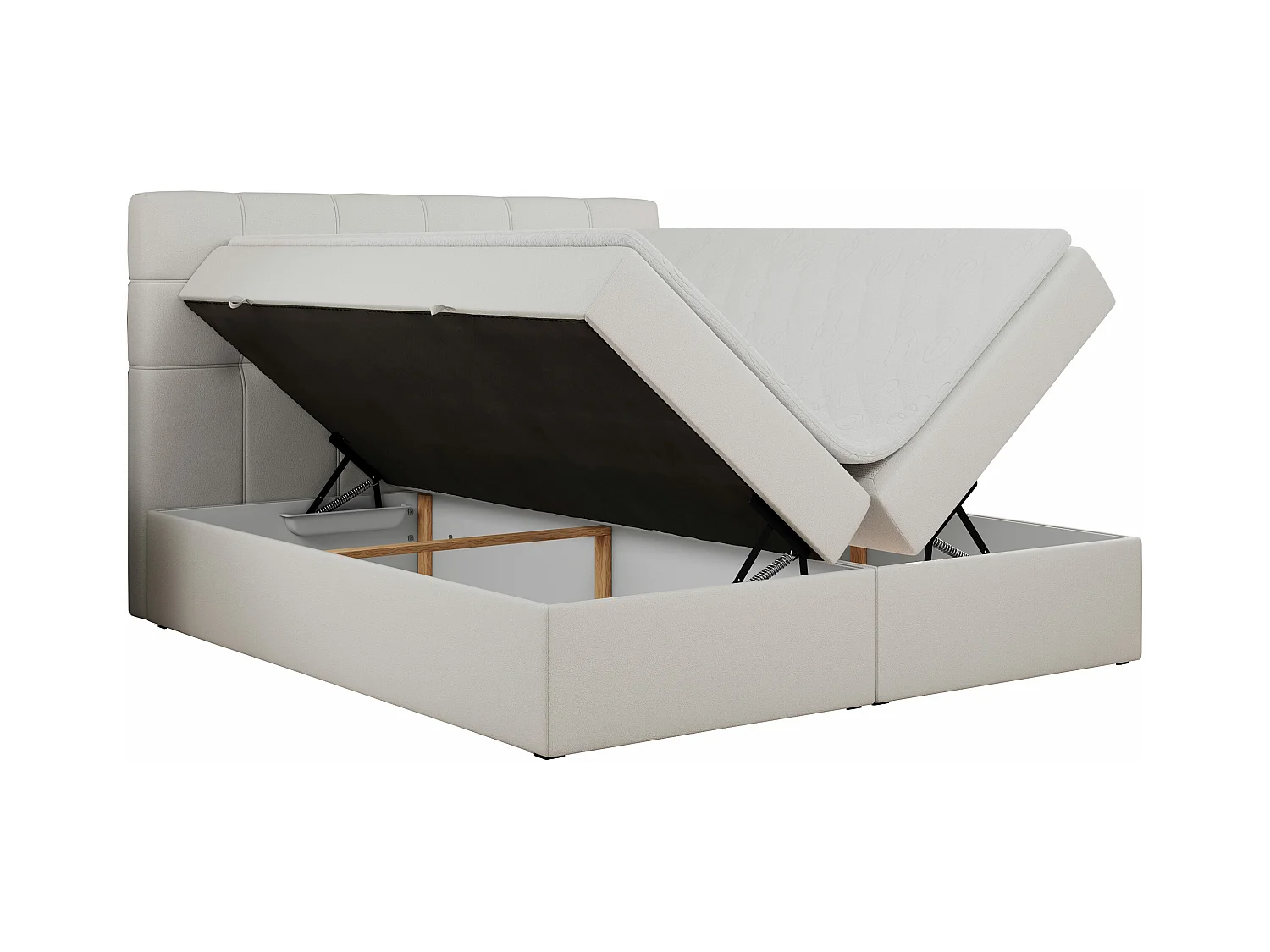 Boxspringbett ERNI - mit gestepptem Kopfteil, Polsterbett, Multipocket-Matratze und Topper, Bettkästen - 120x200 cm - H3 - Weiß Kunstleder