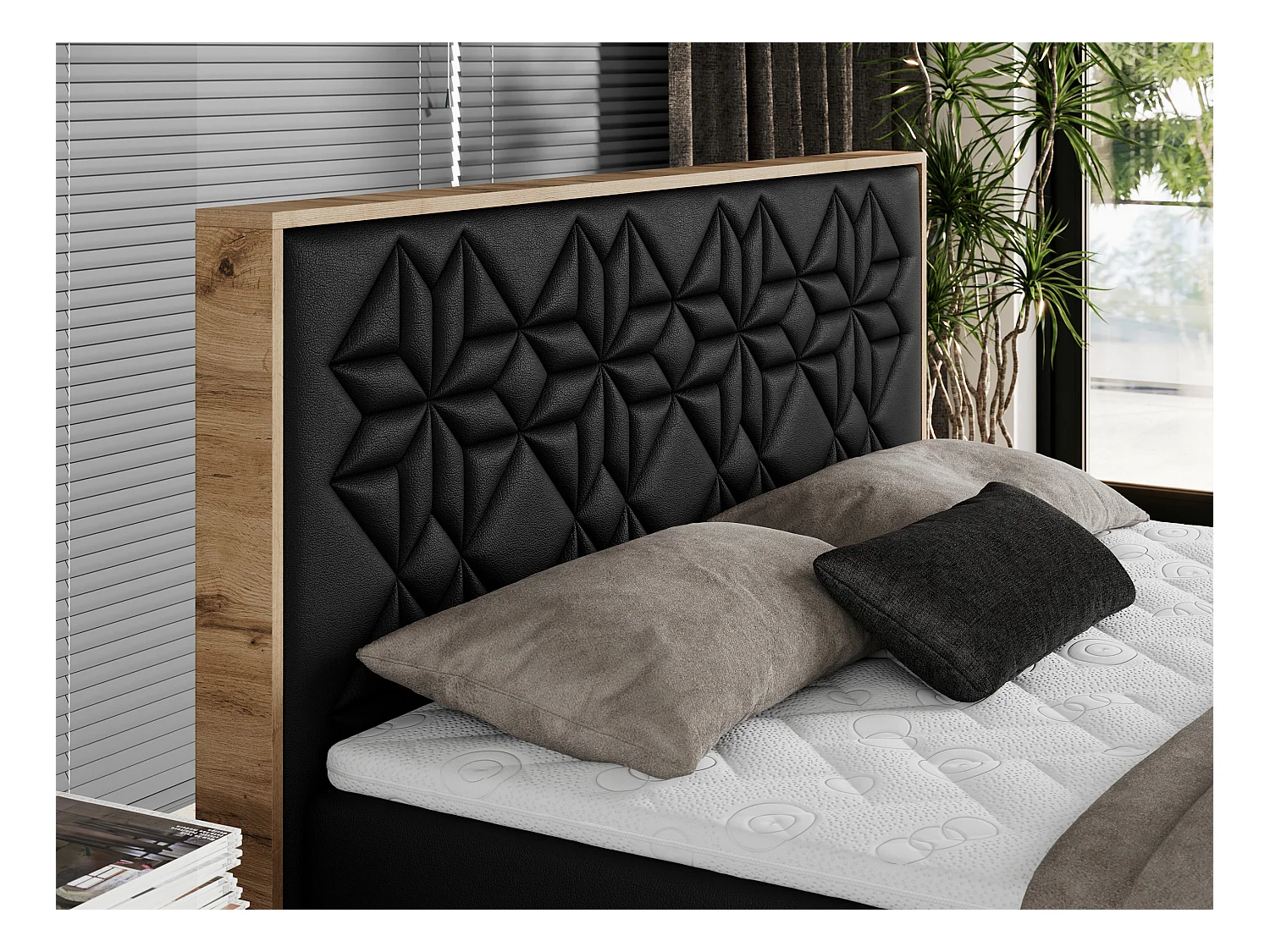 Boxspringbett NESSI - mit hoher Kopfstütze, Multipocket-Matratze und Topper, Doppelbett mit Bettkästen - 160x200 cm - H4 - Schwarz Kunstleder