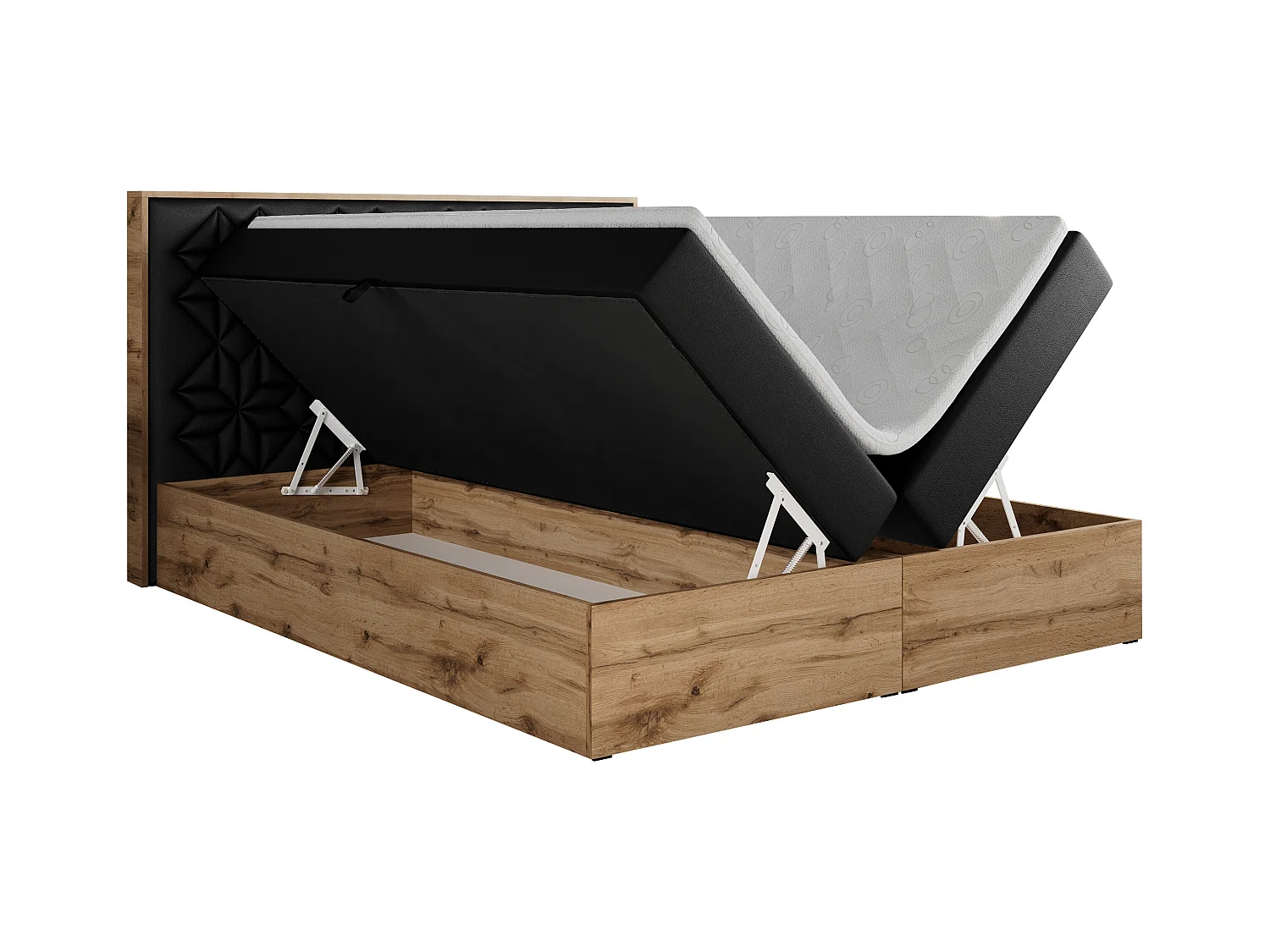 Boxspringbett NESSI - mit hoher Kopfstütze, Multipocket-Matratze und Topper, Doppelbett mit Bettkästen - 160x200 cm - H4 - Schwarz Kunstleder