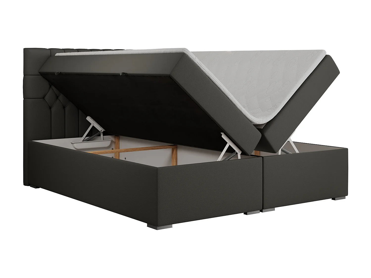 Boxspringbett PERA - gesteppte Kopfstütze, Multipocket-Matratze und Topper, Doppelbett mit Stauraum - 180x200 cm - H3 - Dunkelgrau Kunstleder