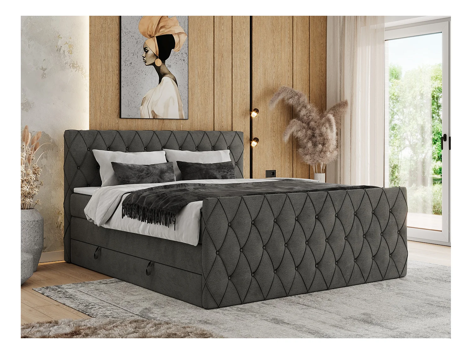 Boxspringbett MIREN KING DUO - für Schlafzimmer mit zwei Multipocket-Matratzen und Topper, gestepptes Kopfteil und Front  - 180x200 cm - H4 - Dunkelgrau Velvet