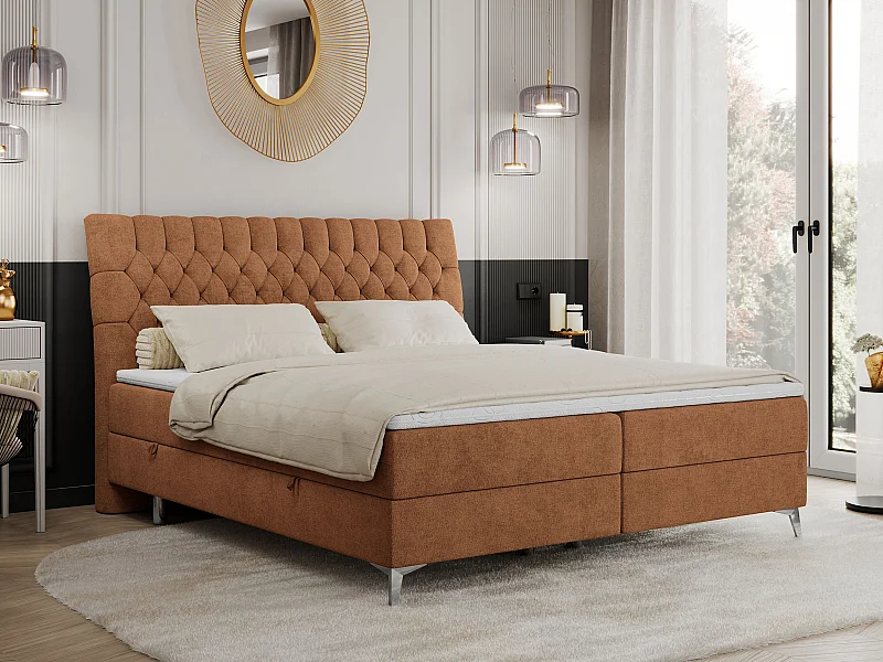 Boxspringbett MILEN - gepolstertes Schlafzimmerbett, zwei Multipocket-Matratze, dekorative hohe Beine - 140x200 cm - H4 - Orange Strukture