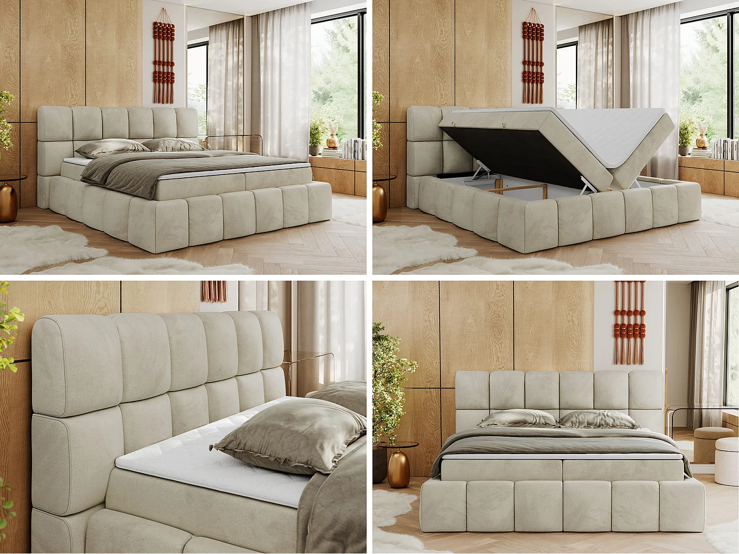 Boxspringbett NIRA - dekorativ kopfteil, Bettkästen und Multipocket-Matratze, Doppelbett für Schlafzimmer - 160x200 cm - H3 - Beige Velvet
