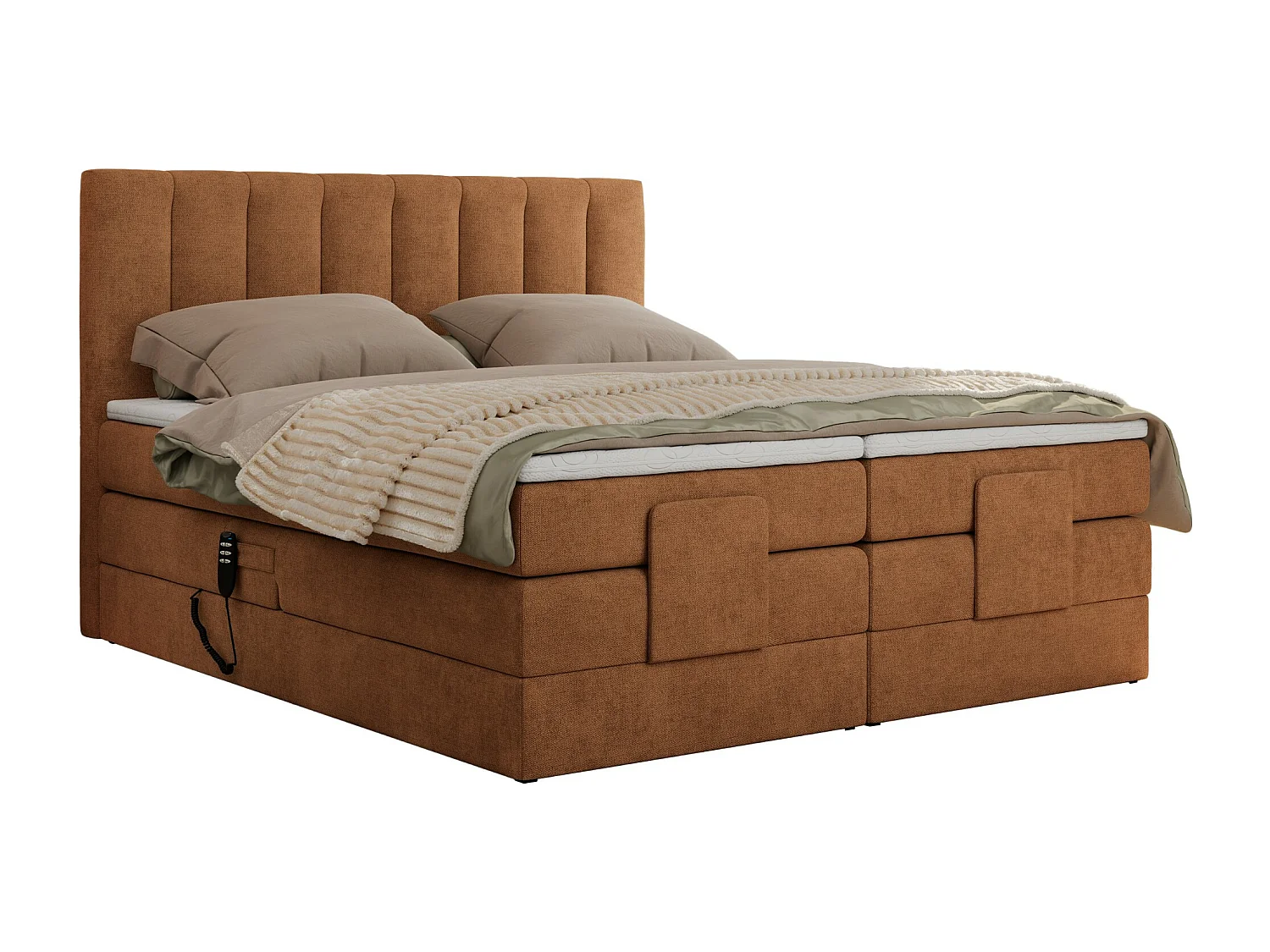 Boxspringbett COMFORTO - Doppelbett, Elektrisch verstellbare, Multipocket-Matratzen und Topper, genähtes Kopfteil - 180x200 cm - H4 - Orange Strukture