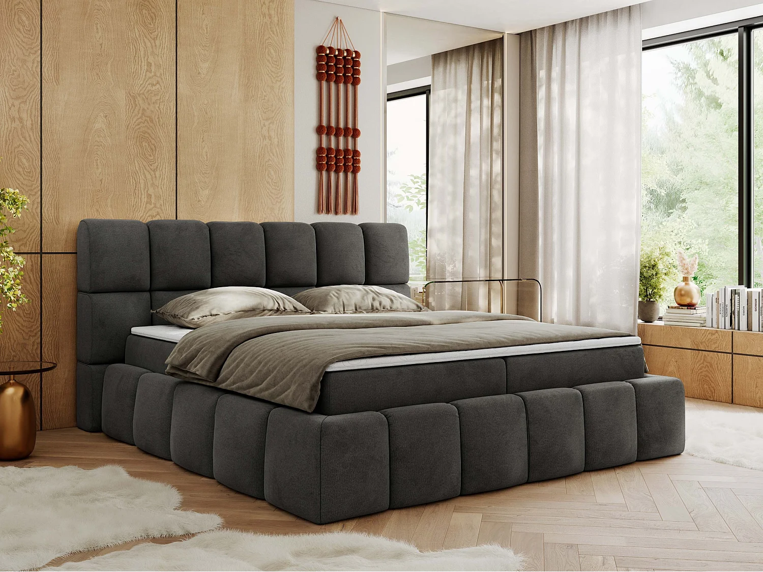 Boxspringbett NIRA - dekorativ kopfteil, Bettkästen und Multipocket-Matratze, Doppelbett für Schlafzimmer - 200x200 cm - H3 - Dunkelgrau Velvet