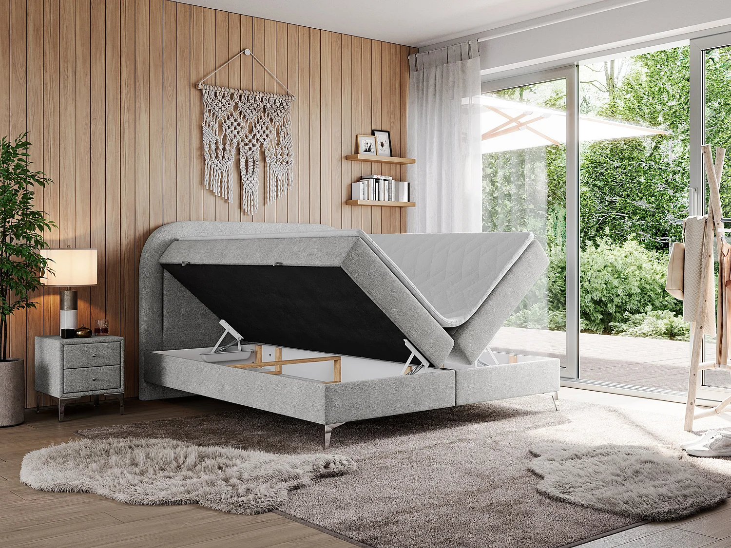 Boxspringbett EIRA - Polsterbett mit Stauraum, Set mit Kopfteil und Multipocket-Matratze, Metallbeine - 200x200 cm - H3 - Hellgrau Strukture