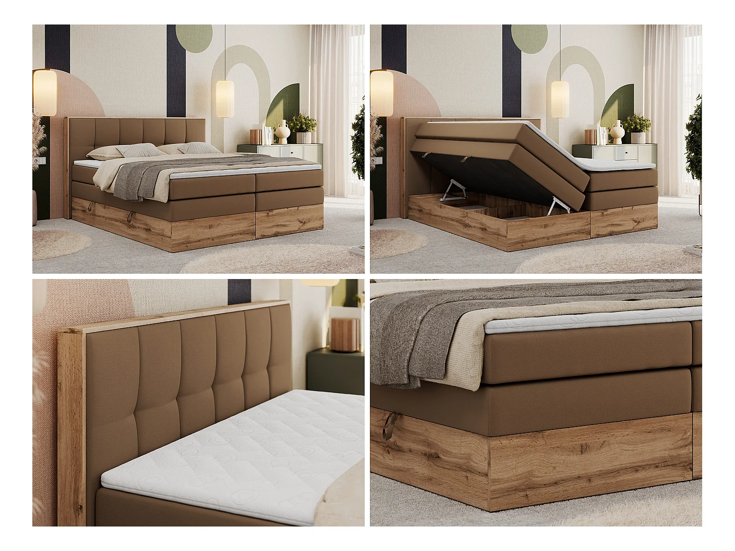 Boxspringbett ALBERO 1 KING - zwei 7 Härtezonen Multipocket-Matratzen, Doppelbett mit Stauraum, Eiche Wotan Holzrahmen - 200x200 cm - H3 - Braun Kunstleder