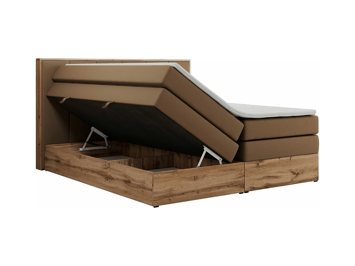 Boxspringbett ALBERO 1 KING - zwei 7 Härtezonen Multipocket-Matratzen, Doppelbett mit Stauraum, Eiche Wotan Holzrahmen - 200x200 cm - H3 - Braun Kunstleder