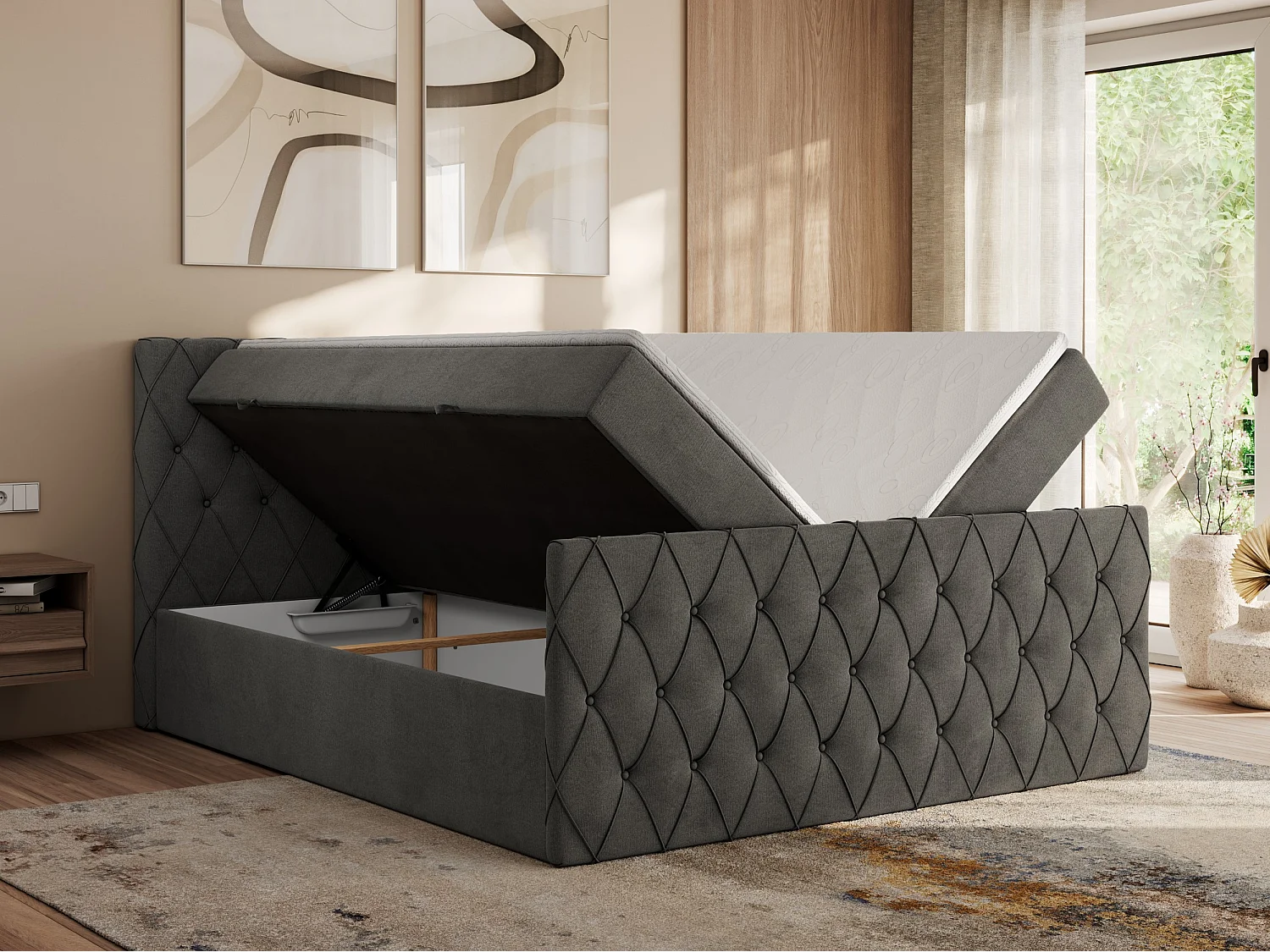 Boxspringbett MIREN DUO - mit gestepptem Kopfteil und Front, Multipocket-Matratze, zwei Bettkästen - 120x200 cm - H4 - Dunkelgrau Velvet