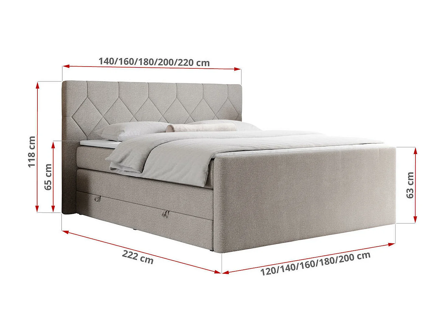 Boxspringbett EIGAR KING - Doppelbett mit genähtem Kopfteil, zwei Multipocket-Matratzen, Polsterbett für Schlafzimmer - 120x200 cm - H4 - Beige Strukture