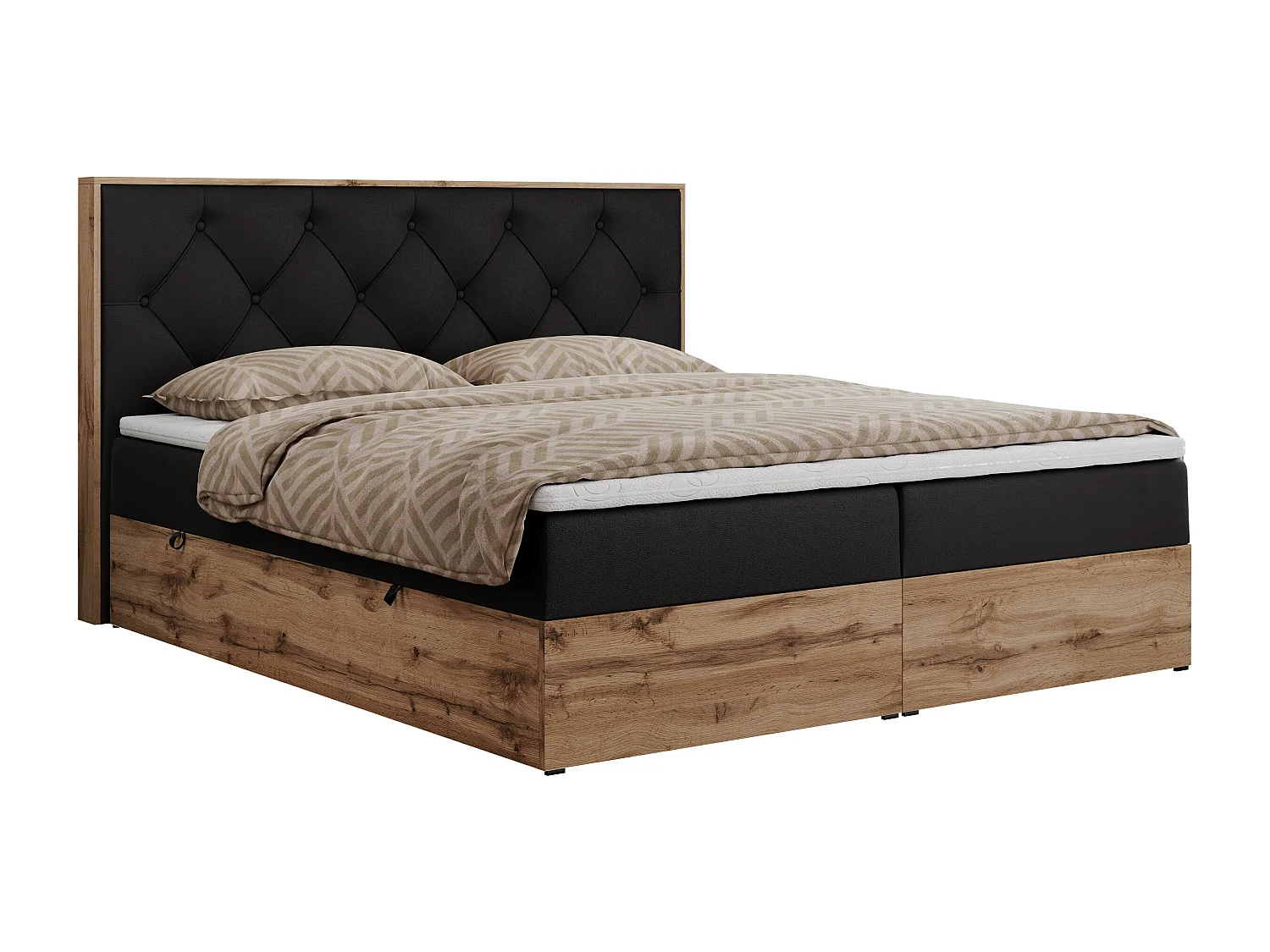 Boxspringbett VENETO - gestepptem Kopfteil, Set mit Multipocket-Matratze und Topper, Holzrahmen, zwei Bettkästen - 140x200 cm - H4 - Schwarz Kunstleder