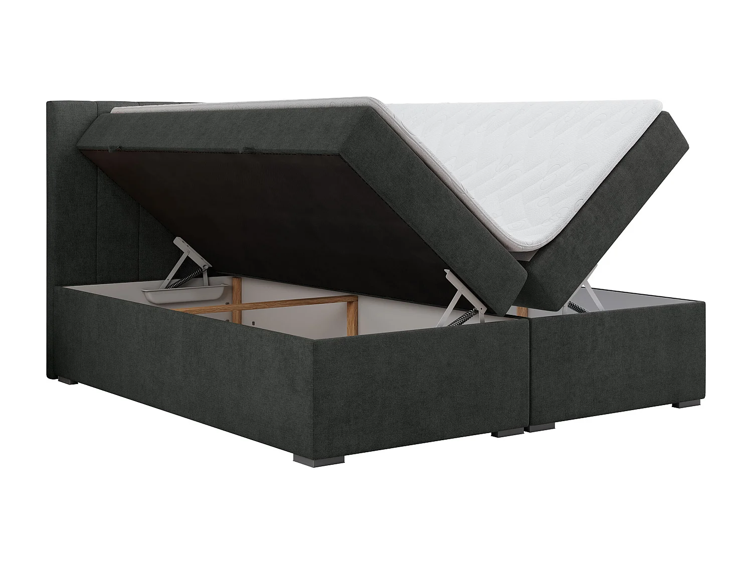 Boxspringbett LOPE - genähtes Kopfteil, Doppelbett mit Stauraum, Multipocket-Matratze, Topper - 140x200 cm - H3 - Dunkelgrau Strukture